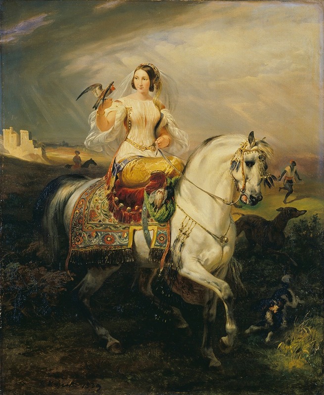 An Algerian lady is depicted in traditional attire, engaged in the art of hawking.
