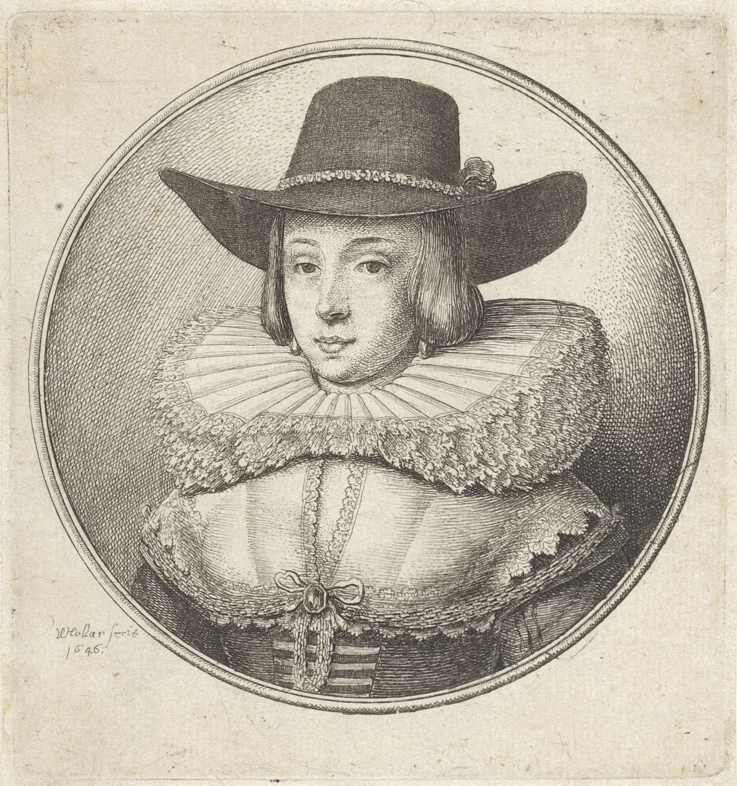 Portrait of a woman with a pleated collar and wide-brimmed hat, etching by Wenceslaus Hollar
