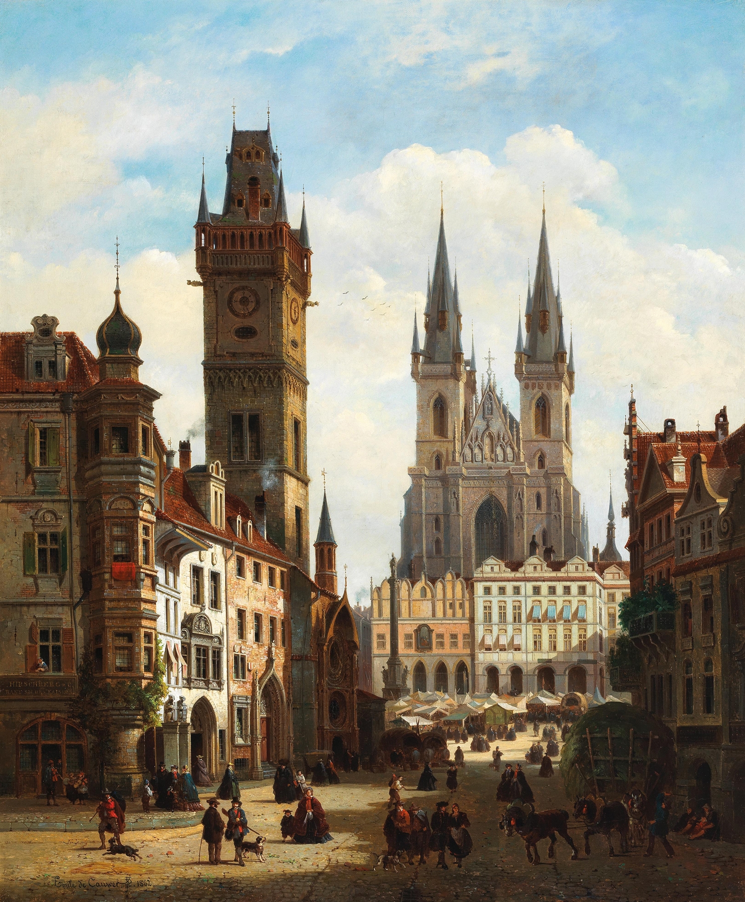 Landscape of Prague featuring rooftops and the Church of Our Lady before Týn, by Emile Pierre Joseph de Cauwer.