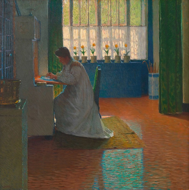 A portrait of a woman at a writing desk by Carl Moll.