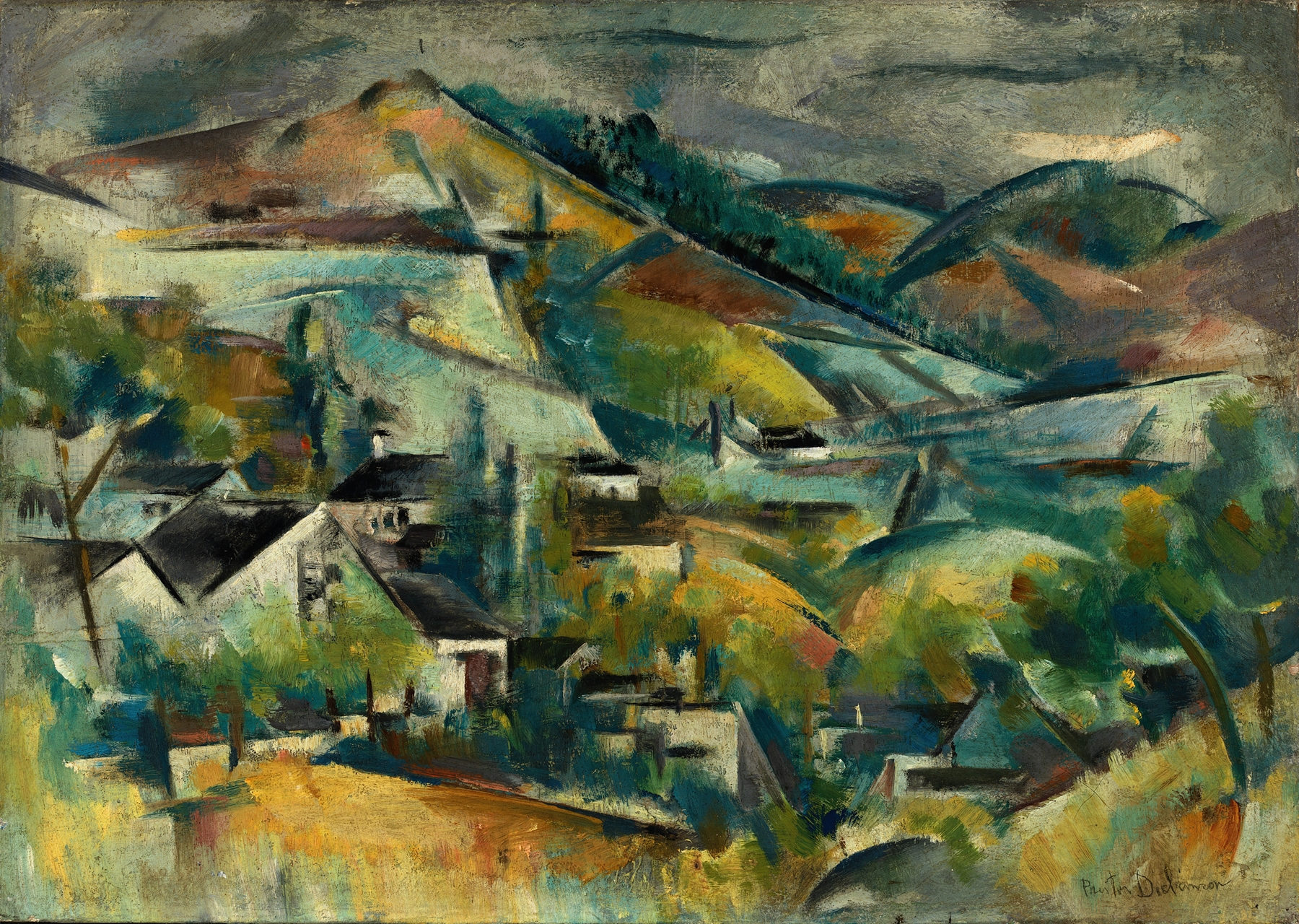 Post-Impressionism landscape by Preston Dickinson, depicting twilight with soft hues.