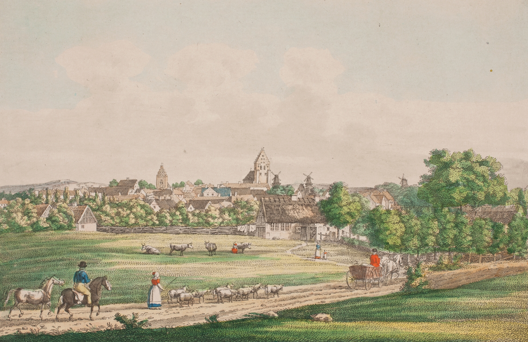 Landscape of Næstved by Jens Holm, Romanticism, depicting a sunset over a village.