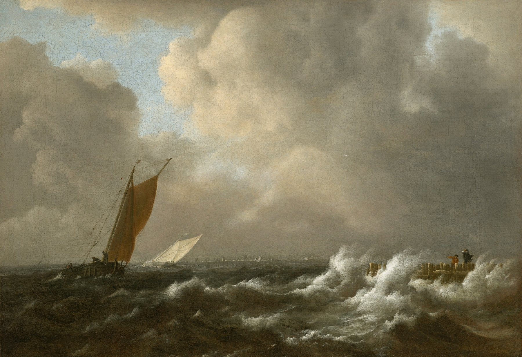 Sailing vessels in a stormy sea by Jacob van Ruisdael, oil painting