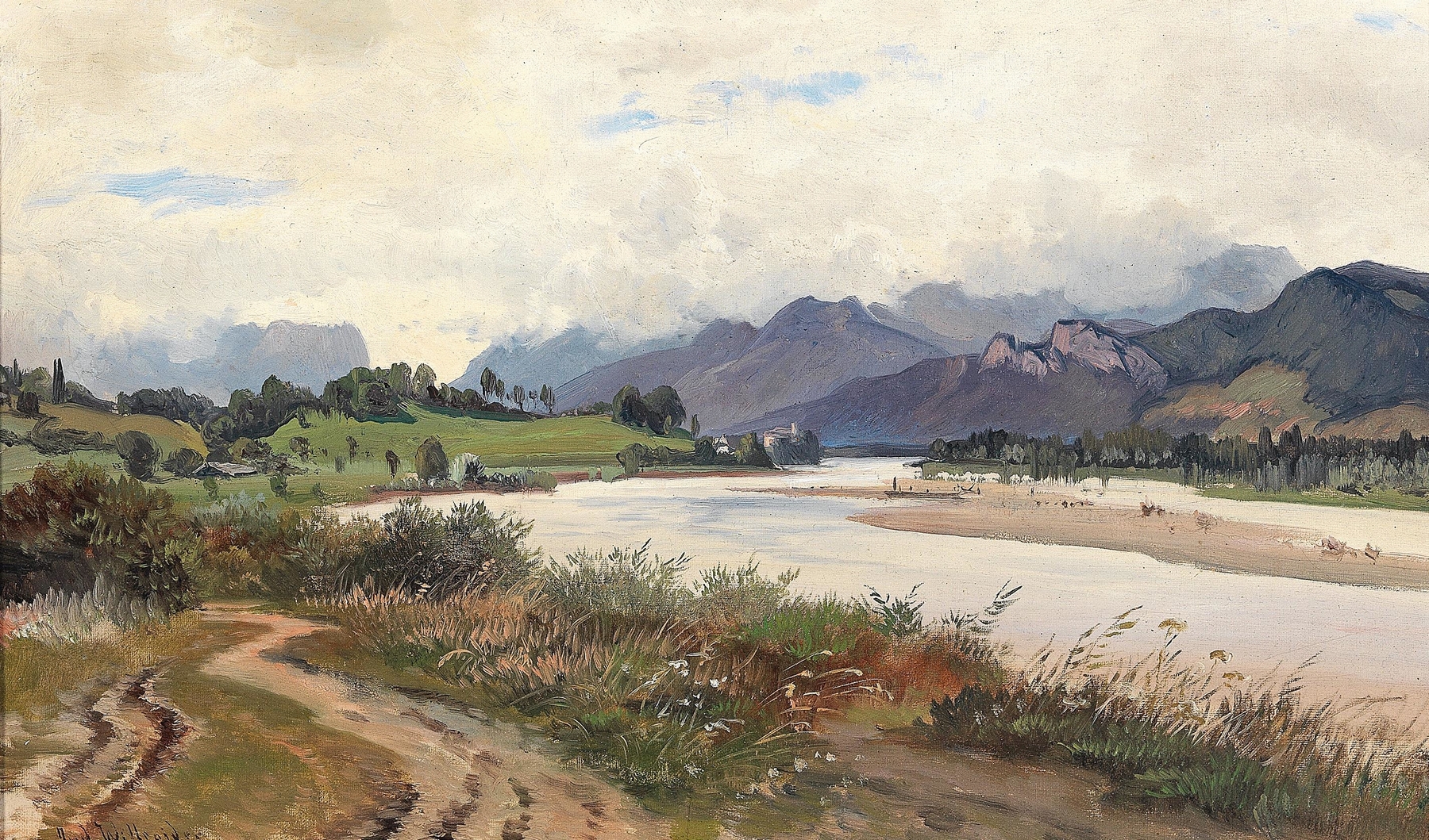 Landscape oil painting by Ludwig Willroider featuring mountains and forest.