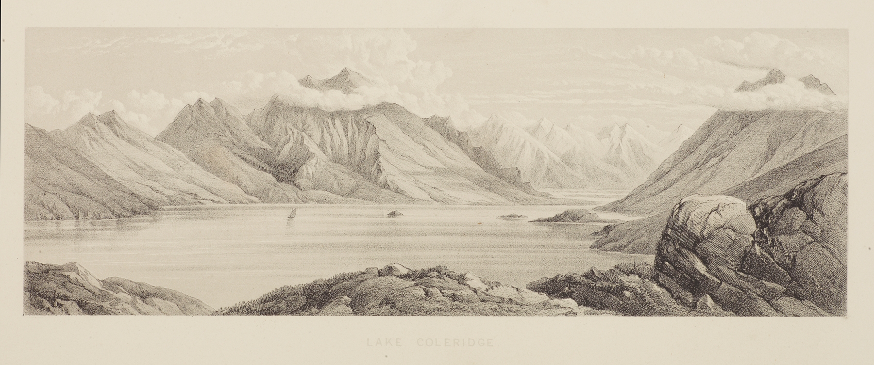 Lake Coleridge engraving by Charles Decimus Barraud, depicting serene water and dawn reflections.