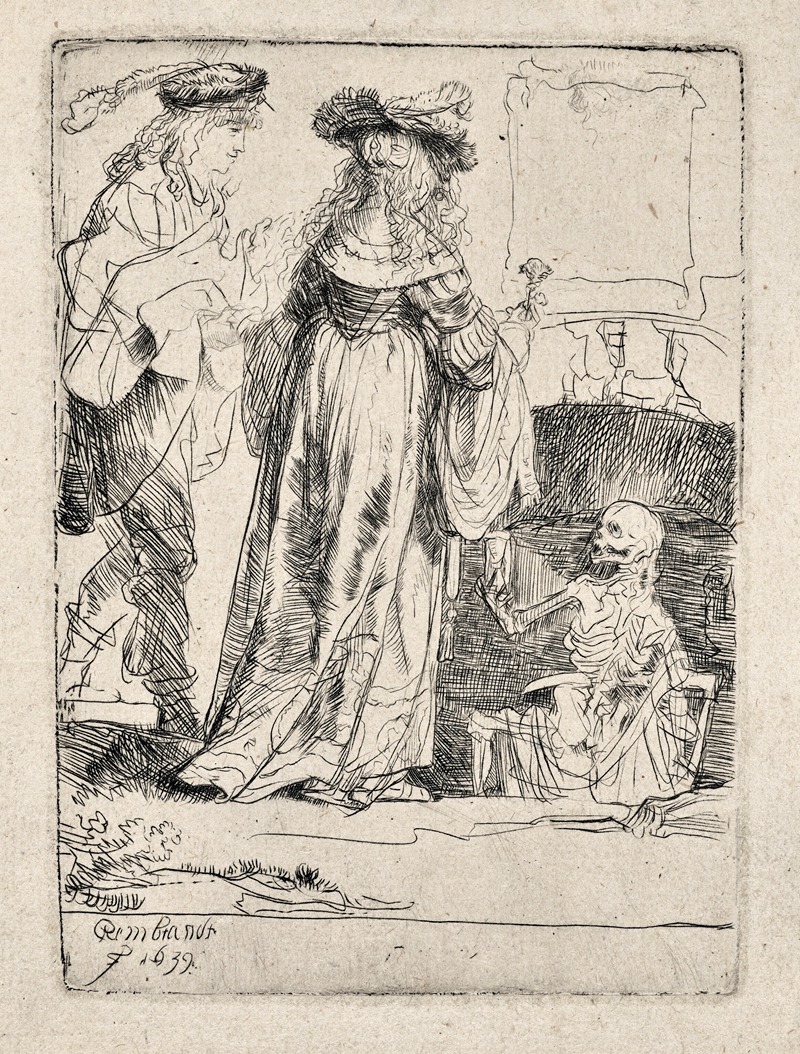 Rembrandt's 'Death appearing to a Wedded Couple from an open Grave' illustrates a poignant encounter between life and death.