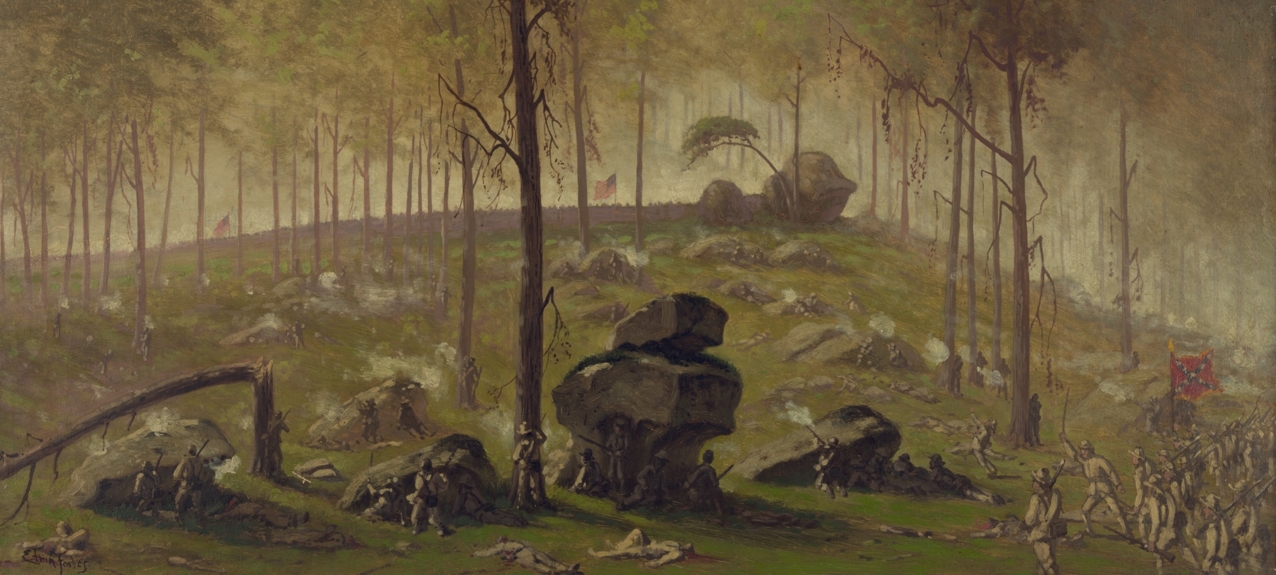 Attack of Johnston’s Div., C.S.A. on the breastworks on Culps Hill defended by Wadsworth’s Div, by Edwin Forbes, public domain