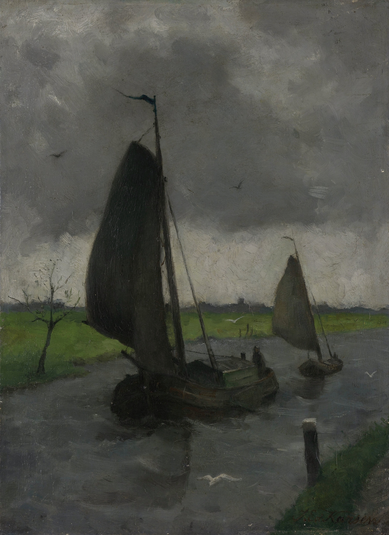 Watercourse with Sail Barges by Eduard Karsen, Impressionism, depicting tranquil waters and sail barges.