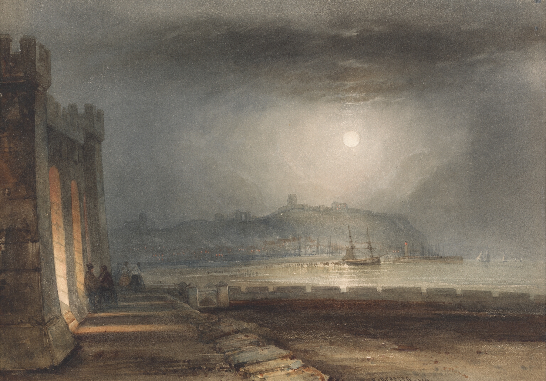 Moonlight over Scarborough Harbour, Yorkshire, oil on canvas by Henry Barlow Carter