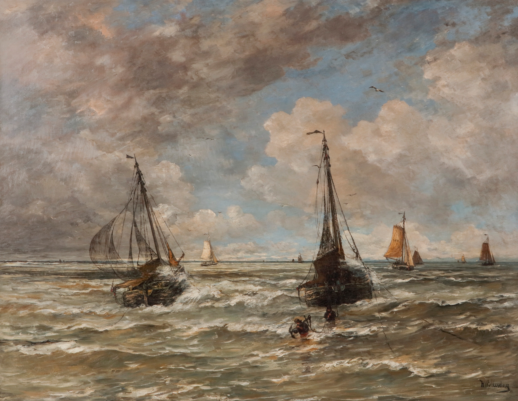 Marine scene depicting the casting of an anchor, oil painting by Hendrik Willem Mesdag