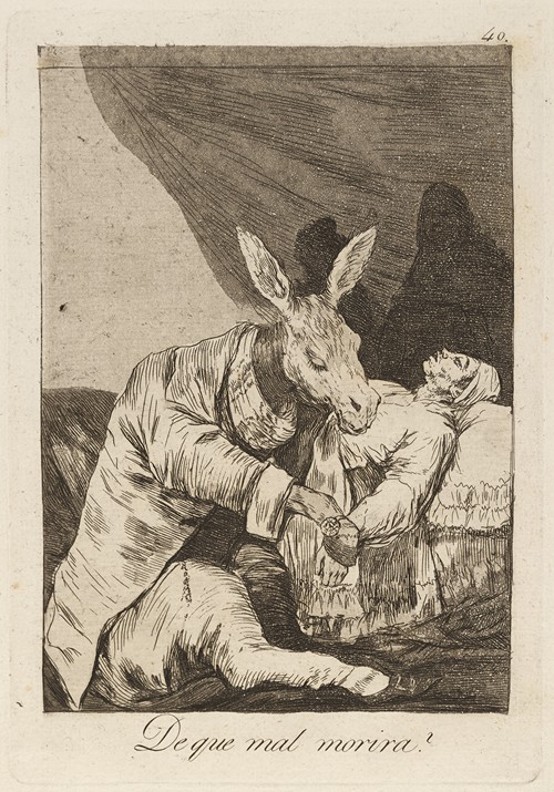 A painting depicting a man surrounded by dark, ominous figures.