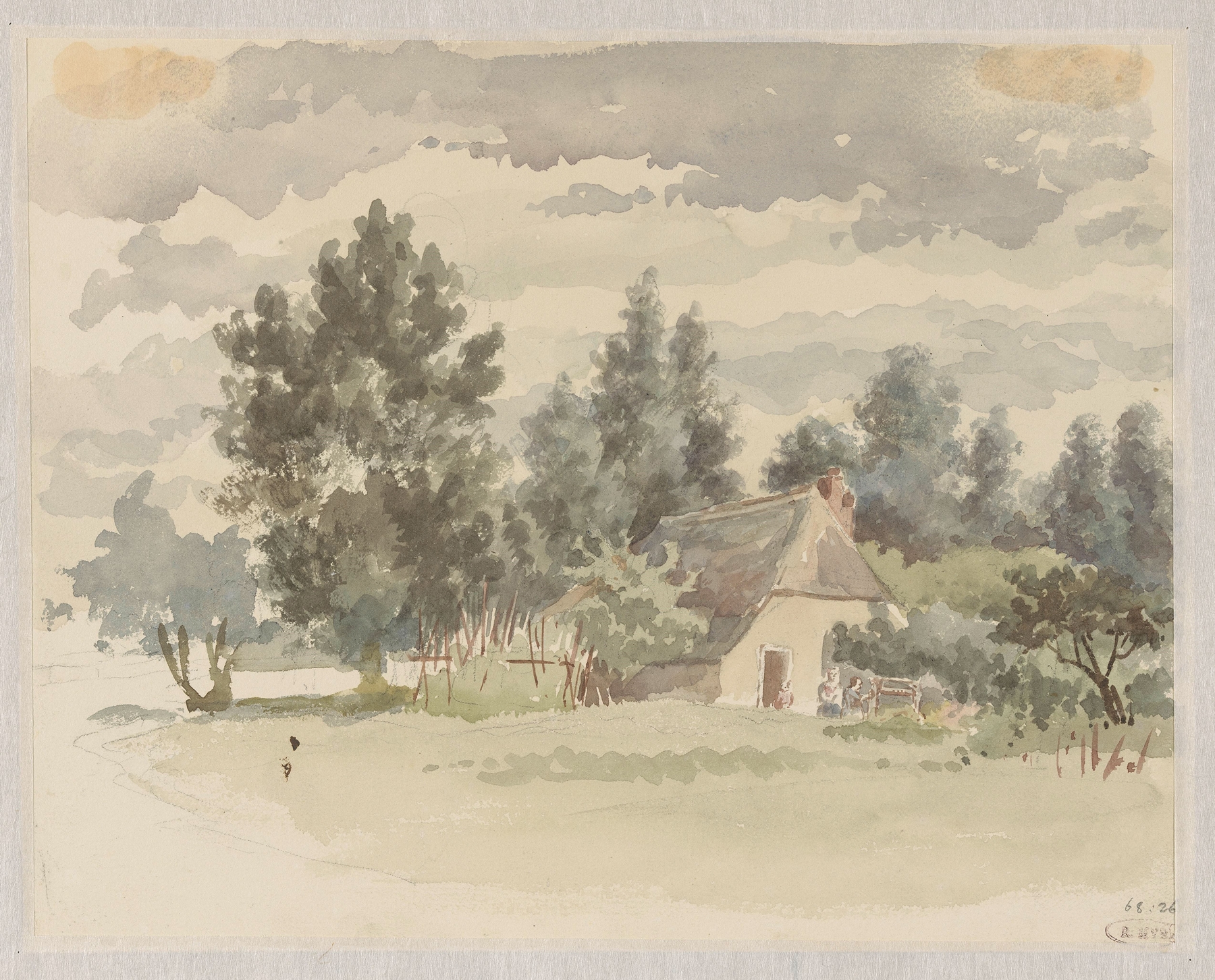 Landschap met boerderij omgeven door bomen, oil on canvas by Jan Striening