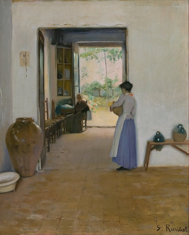A vibrant interior scene by Santiago Rusiñol showcasing rich colors and lively figures.