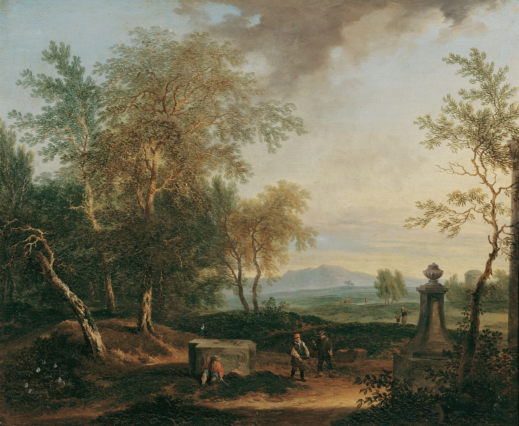 Landschaft mit Postament by Christian Hilfgott Brand, oil on canvas featuring a serene landscape with trees and a pedestal.
