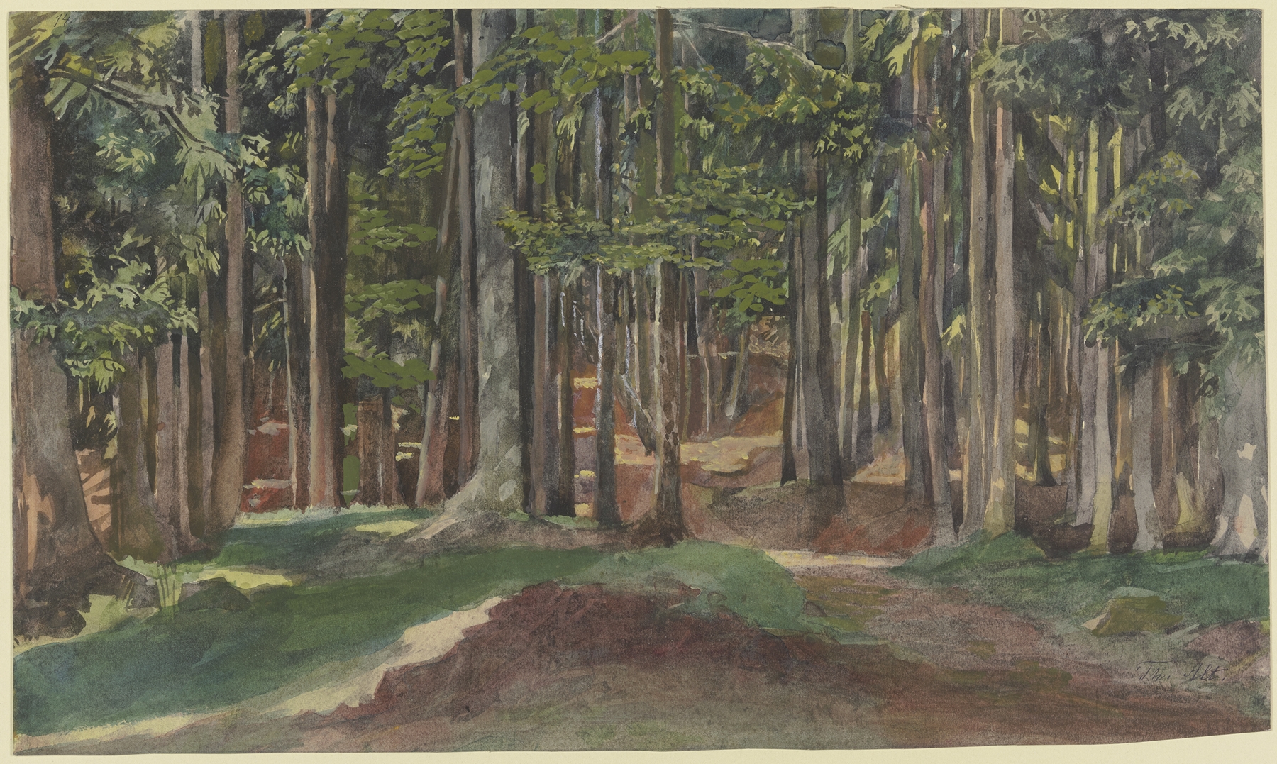 Inside a forest, oil on canvas by Theodor Alt, showcasing rich textures and earthy tones