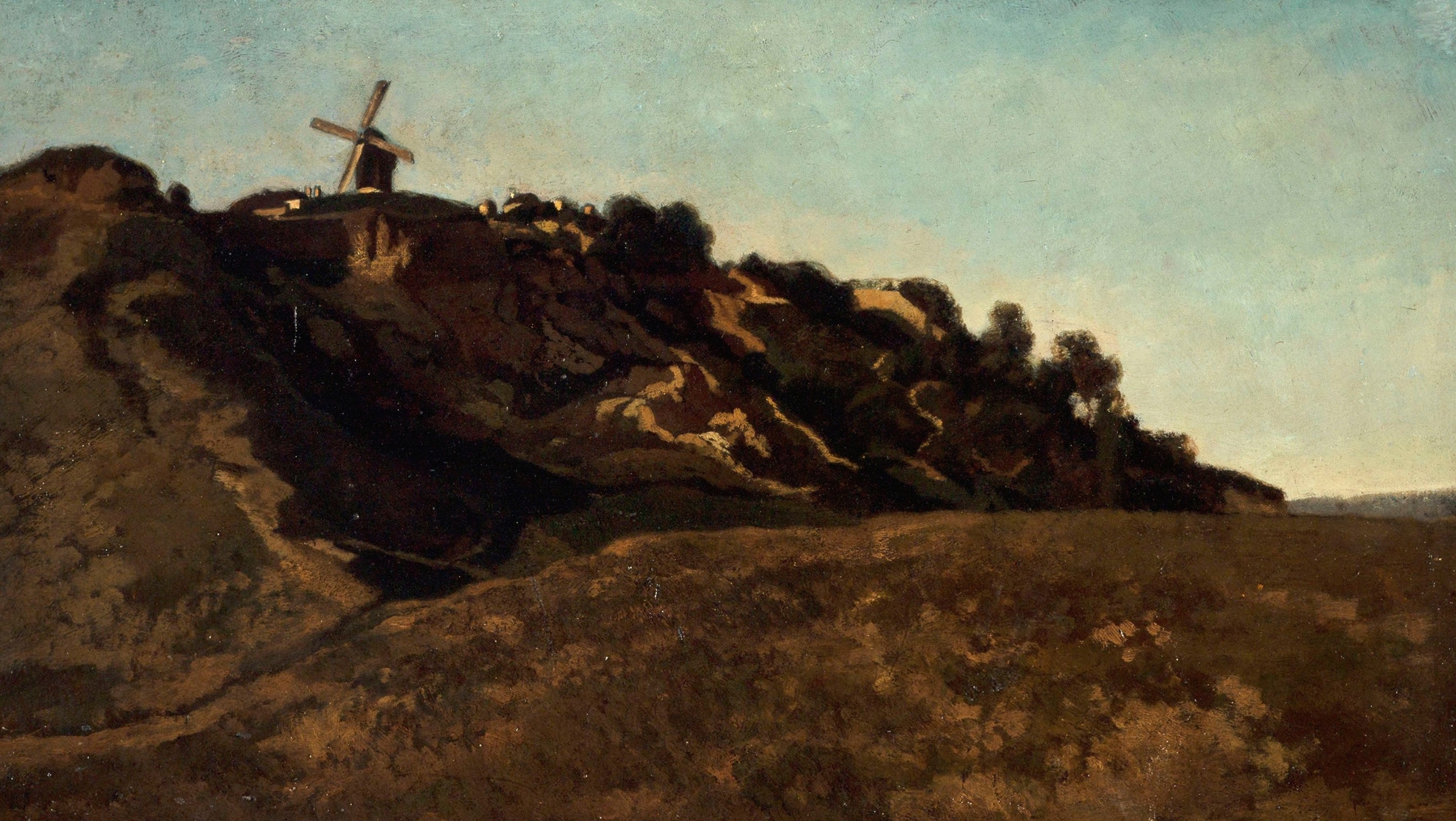 Vue de Montmartre by Eugène Lavieill, oil painting depicting rooftops under a blue sky.