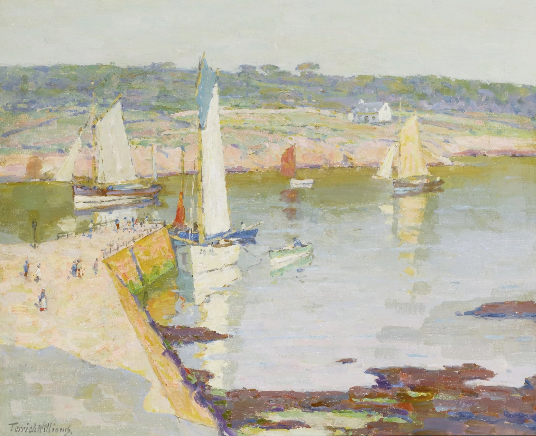 Quayside Concarneau by Terrick Williams, oil painting depicting boats and reflections on water.