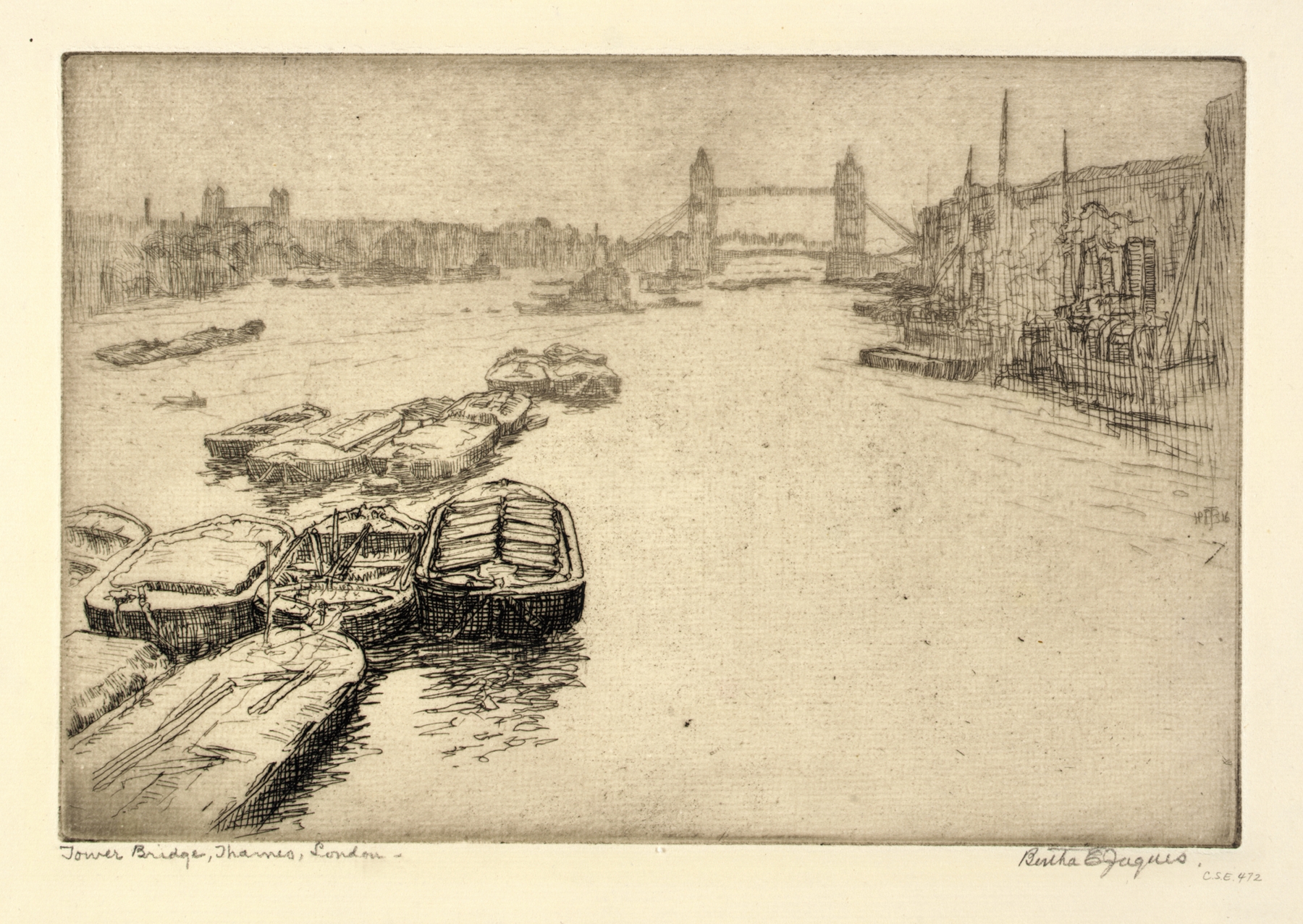 Tower Bridge over the Thames River, oil painting by Bertha Jaques