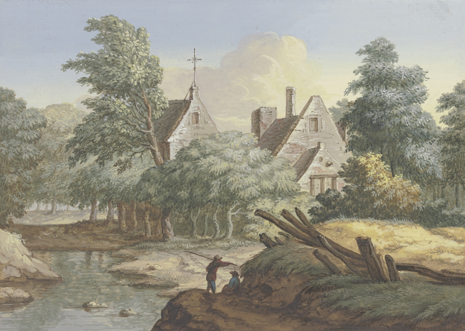 Dörfchen zwischen Bäumen an einem Bach by Christian Georg Schütz the Younger, oil painting depicting figures by a river.