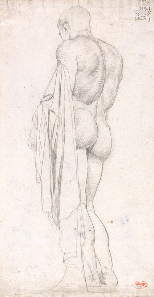 A classical male figure is depicted from the back, showcasing detailed anatomy and drapery.