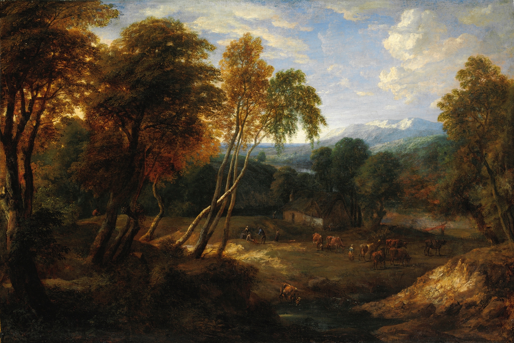 Landscape with figures and livestock by Ernest Daret, oil painting.