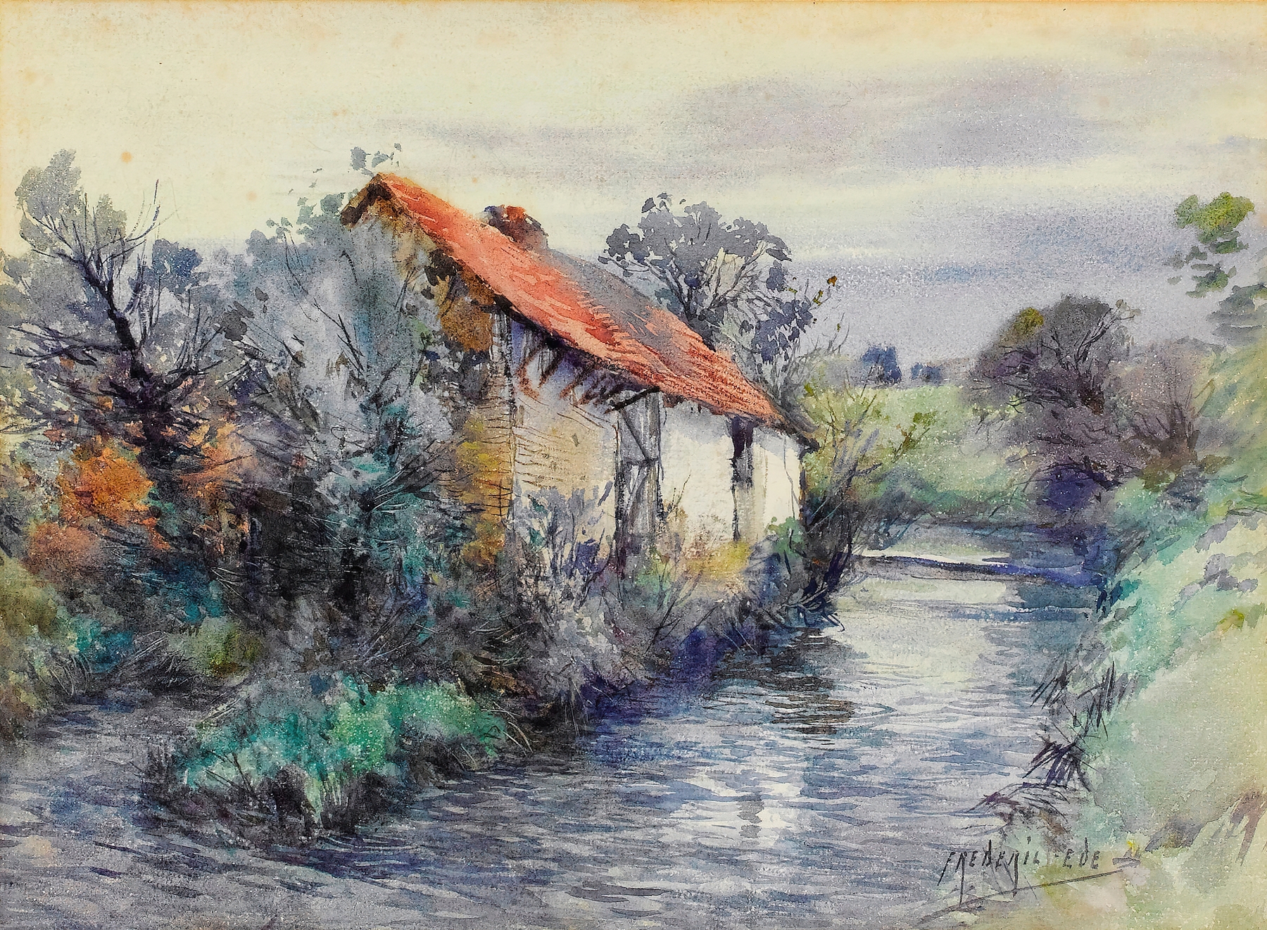 Landscape with Cottage by Frederic Charles Vipond Ede, oil painting depicting a serene cottage in nature.