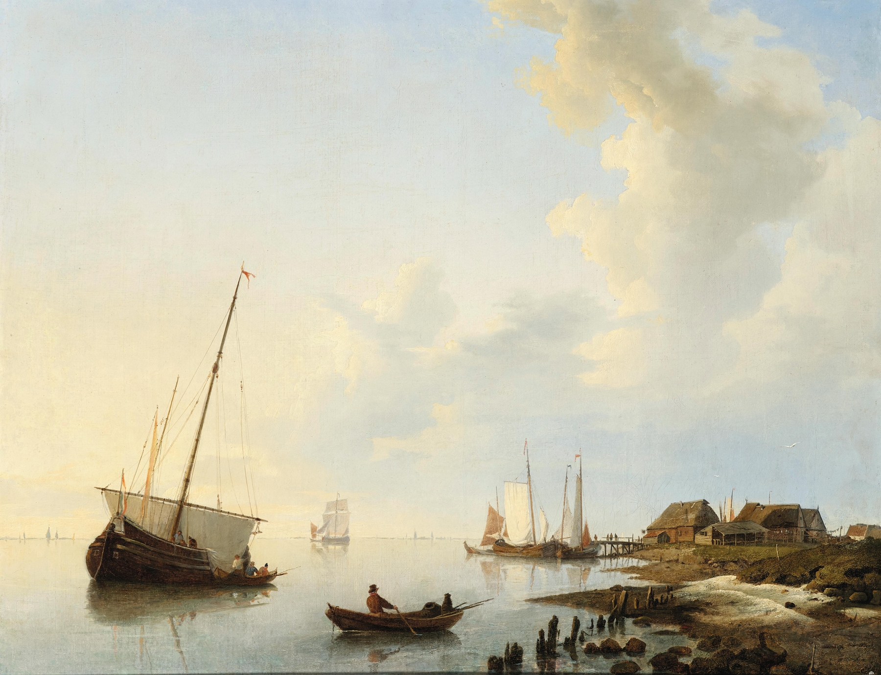 Oil on canvas by Hermanus Koekkoek depicting ships navigating an estuary