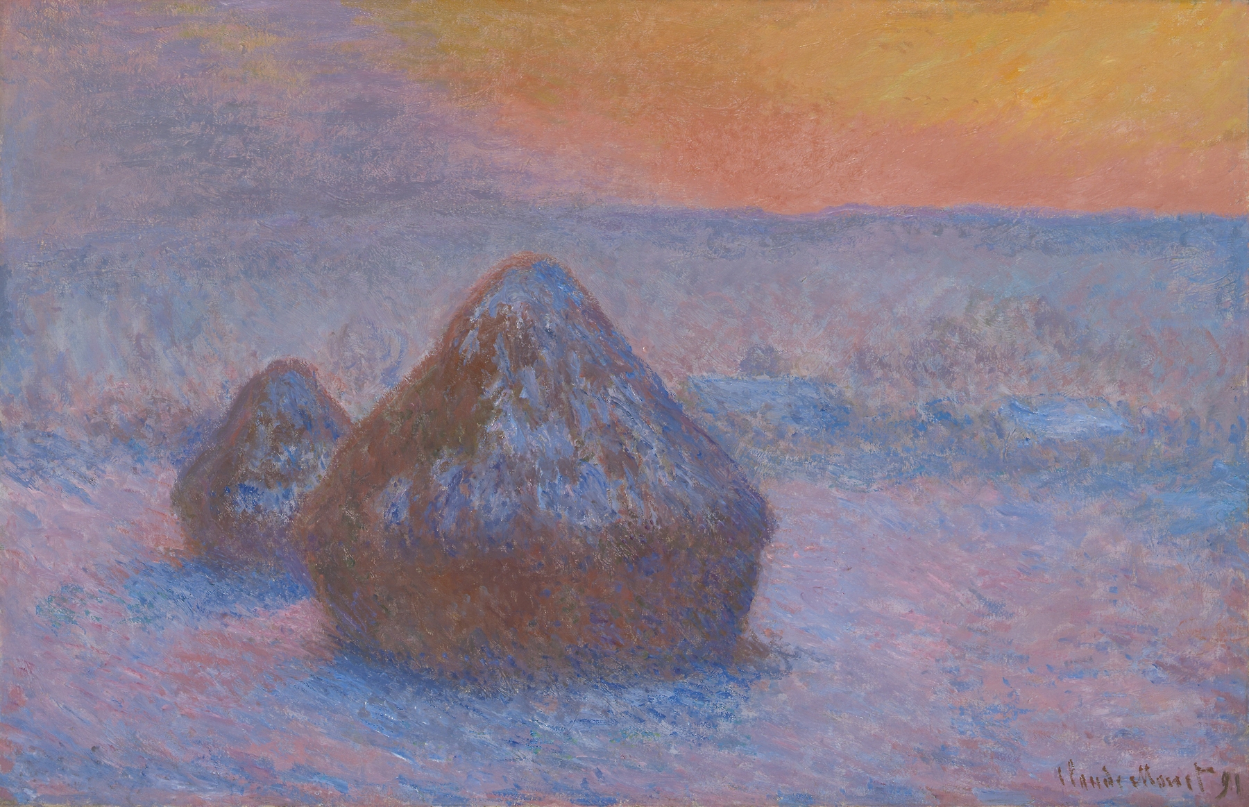 Stacks of Wheat (Sunset, Snow Effect) by Claude Monet, oil painting