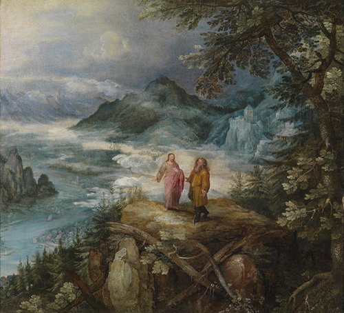 A detailed landscape painting depicting the temptation of Christ.