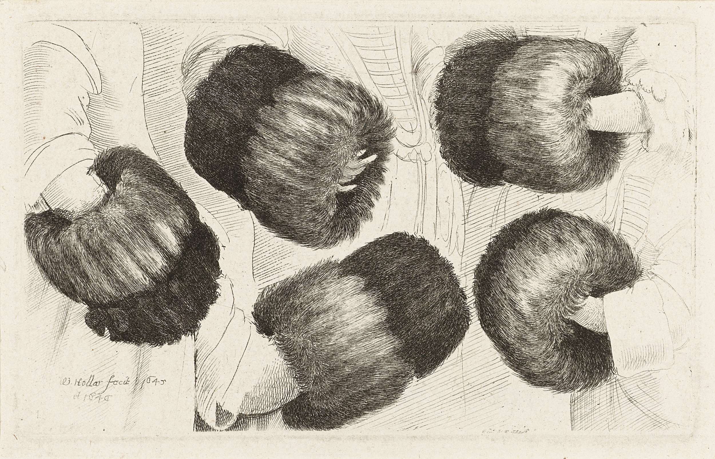 Etching by Wenceslaus Hollar depicting a poised figure against an elegant backdrop.