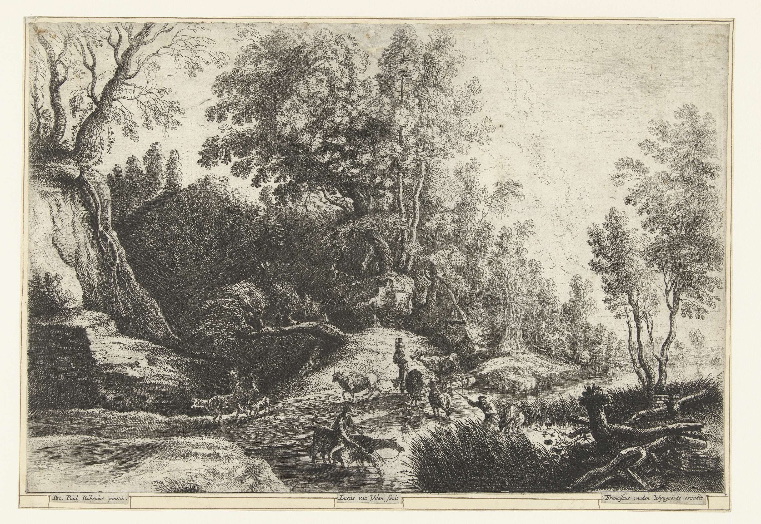 Etching by Lucas van Uden showing a horse and cow at a drinking place