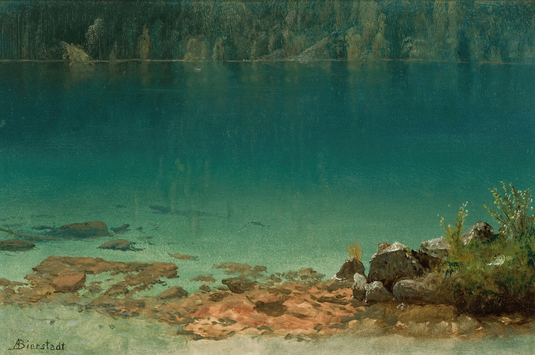 Lake Scene by Albert Bierstadt, oil on canvas depicting a tranquil lake at sunset.