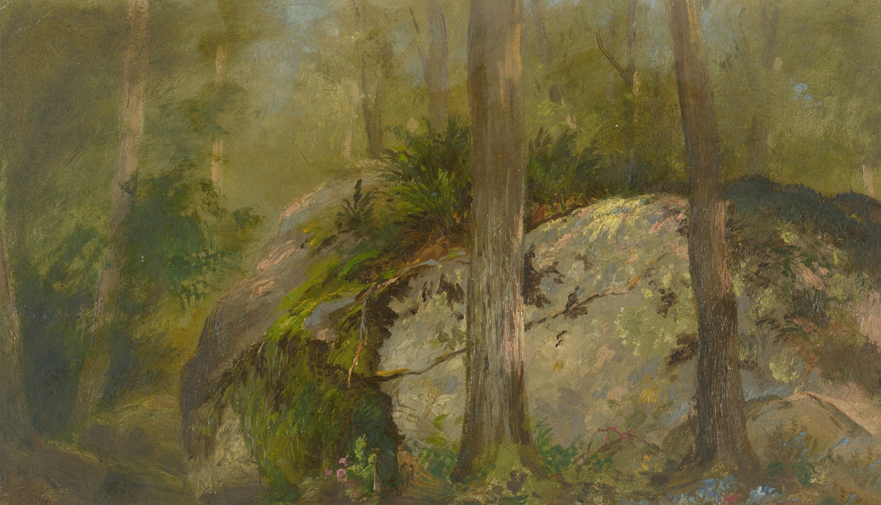 Forest Scene by John Ferguson Weir, impressionism, depicting light filtering through trees and lush greenery