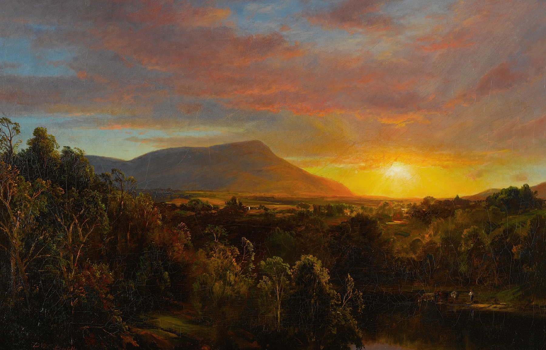 Sunset In The Catskills by Dewitt Clinton Boutelle, oil painting depicting a vibrant sunset over mountains.