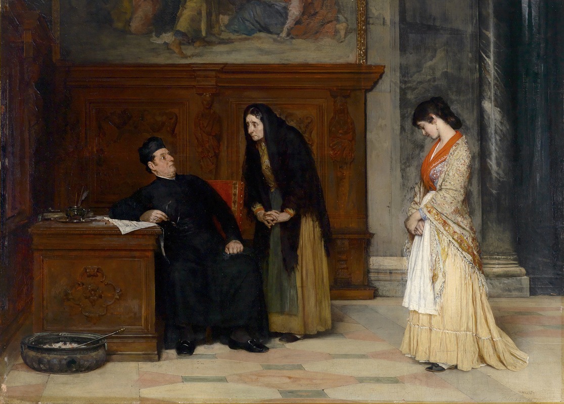 A detailed depiction of a scene in a sacristy, showcasing figures in a religious setting.