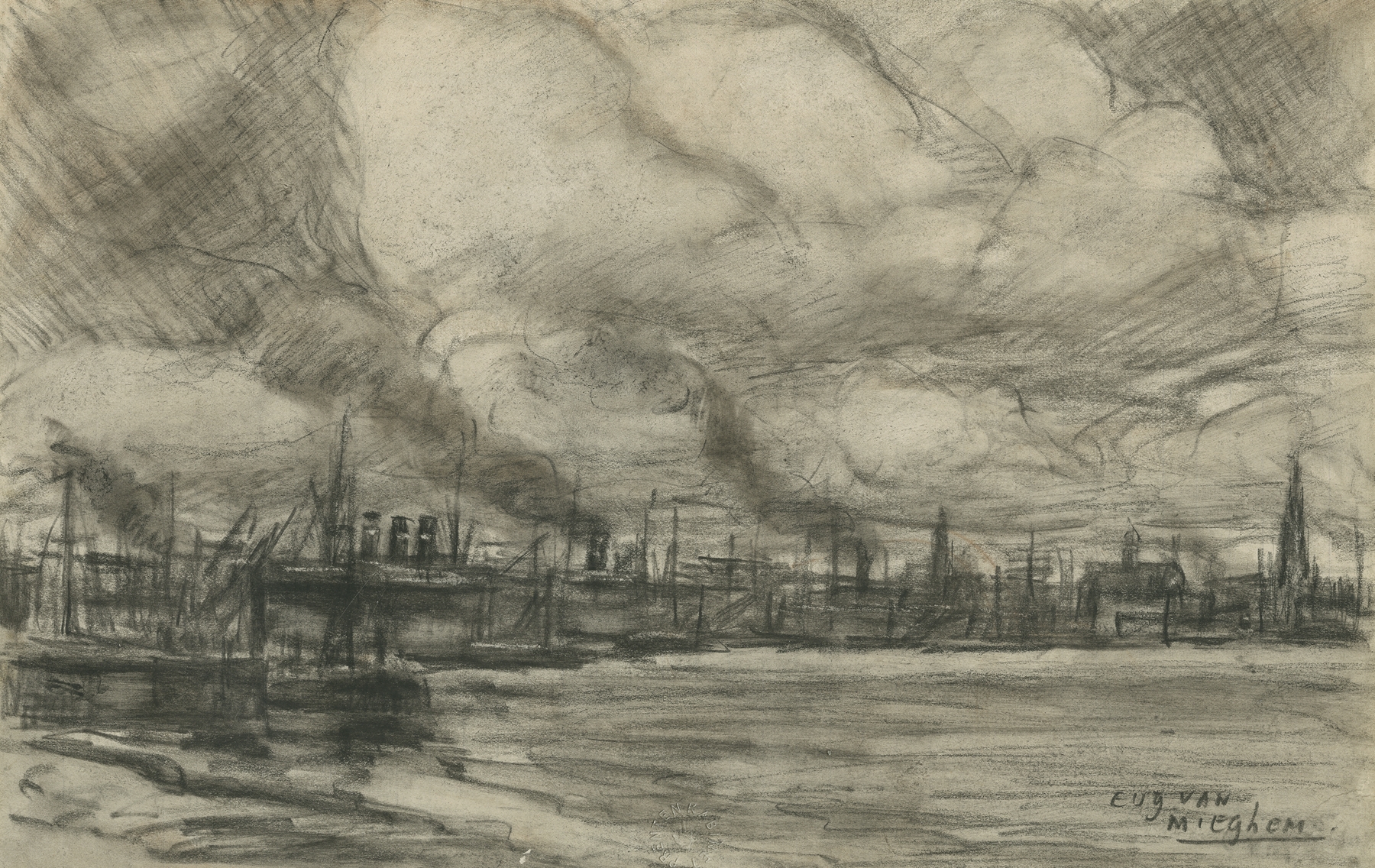 Redegezicht van Antwerpen, vanaf de Royerssluis, by Eugeen Van Mieghem, public domain