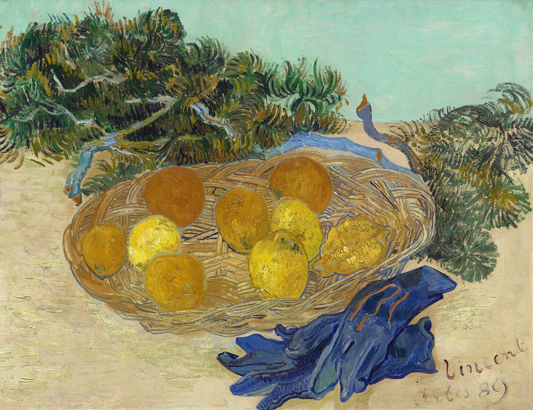 A still life painting featuring oranges, lemons, and blue gloves.