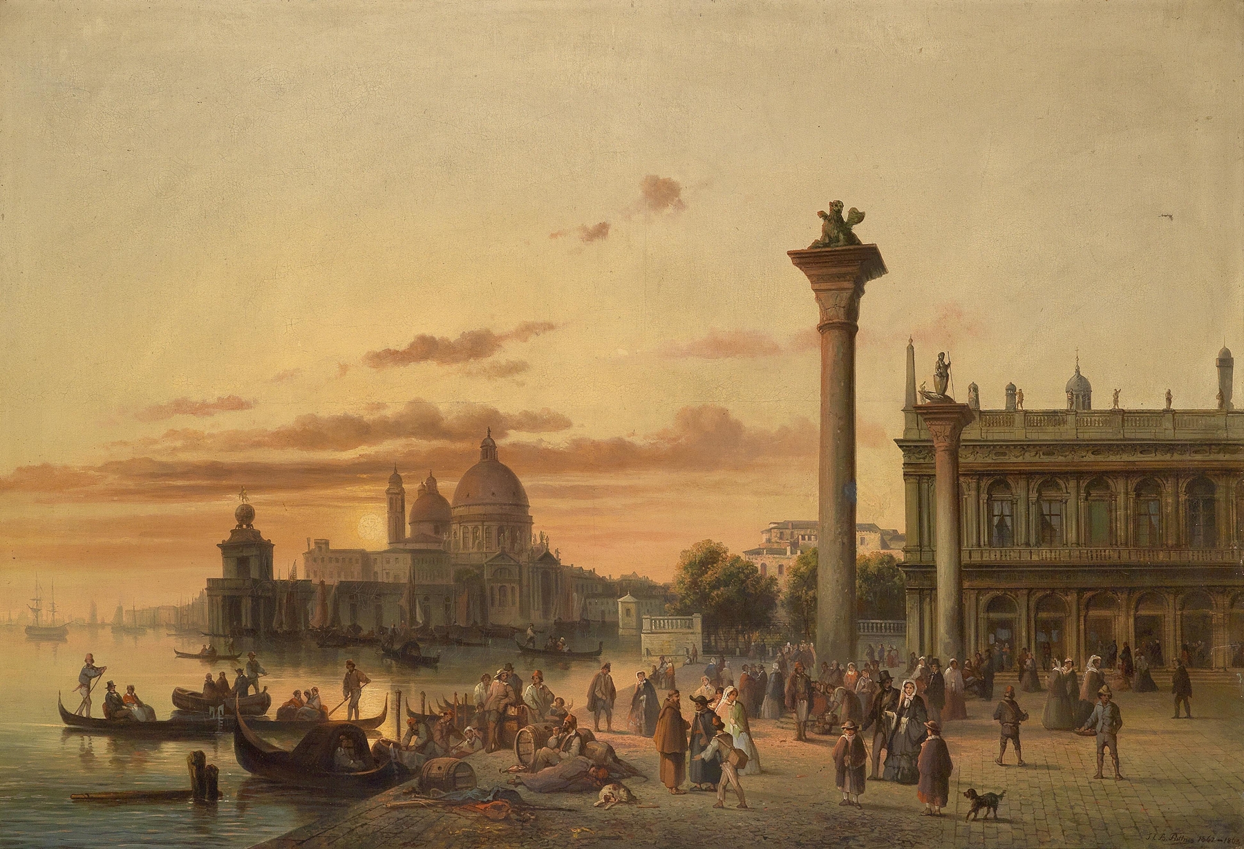 Markusplatz oil painting by Josef Carl Berthold Püttner depicting St. Mark's Basilica at sunset