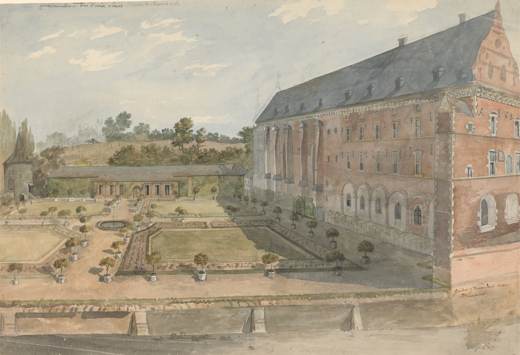 Landscape featuring a garden with flowers, by Charles Gore