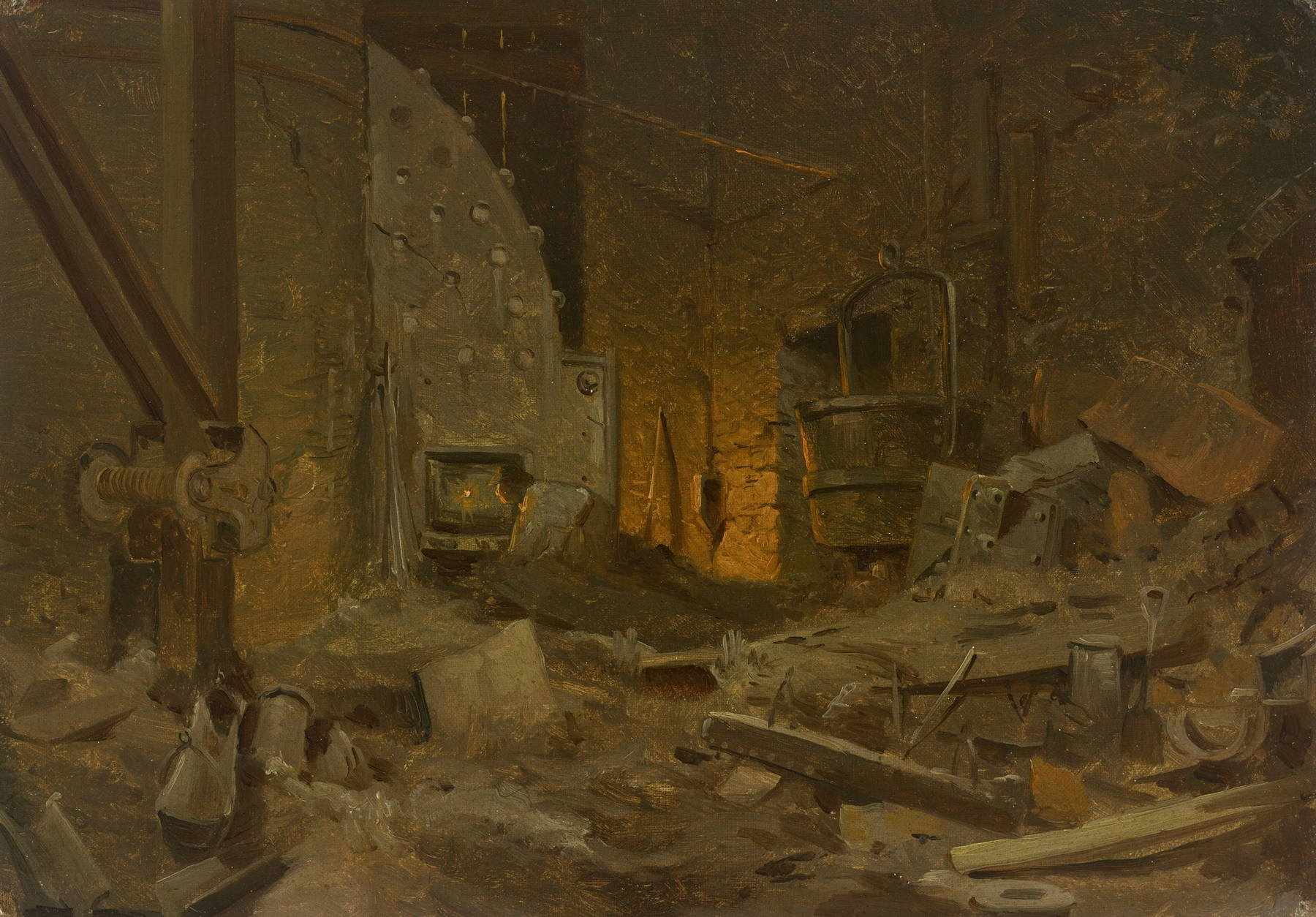 Oil painting by John Ferguson Weir depicting a foundry with trees and smoke against a blue sky.