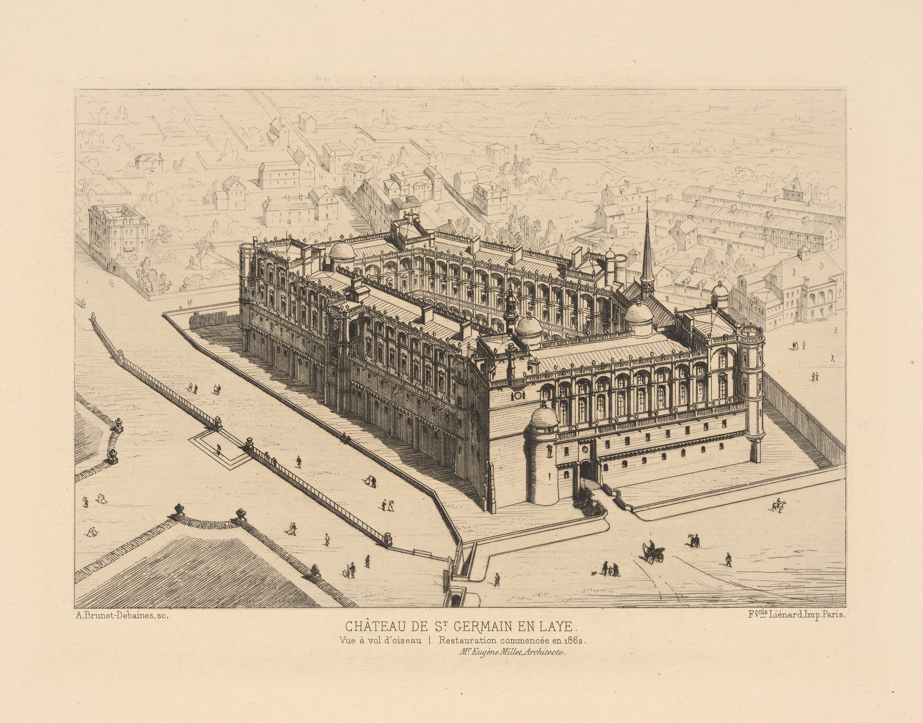 Bird's-eye view engraving of Chateau de St. Germain en Laye by Alfred Brunet-Debaines