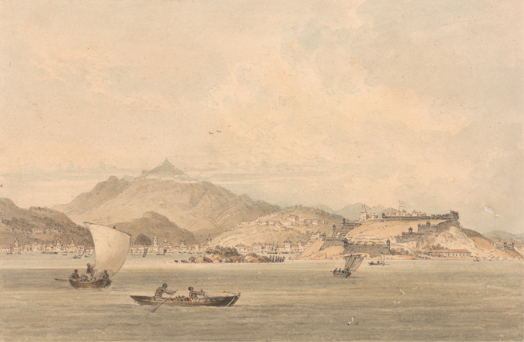 Watercolour by William Alexander depicting a coastal view with waves and cliffs.