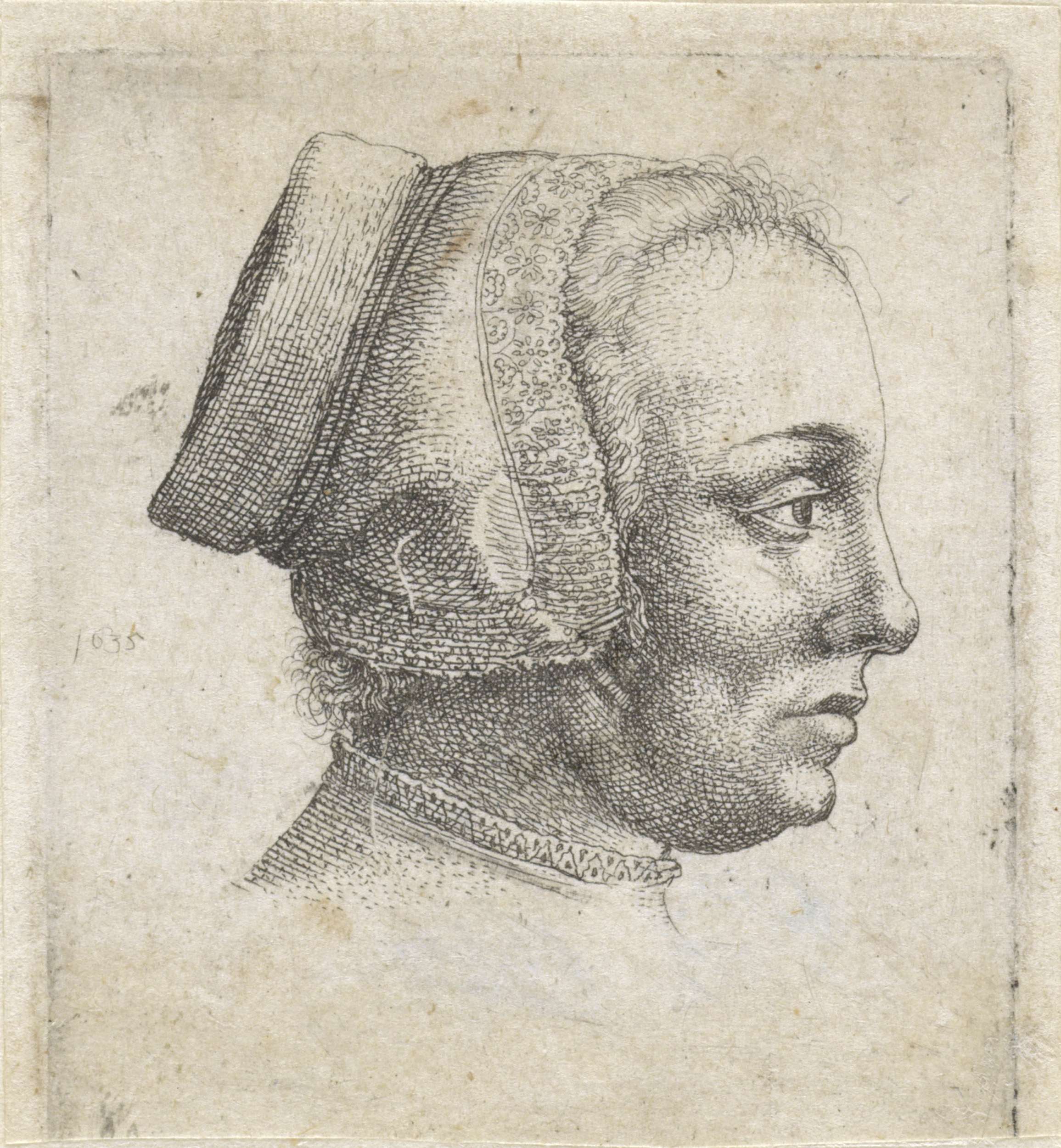 Etching of a woman in profile wearing a hat by Wenceslaus Hollar