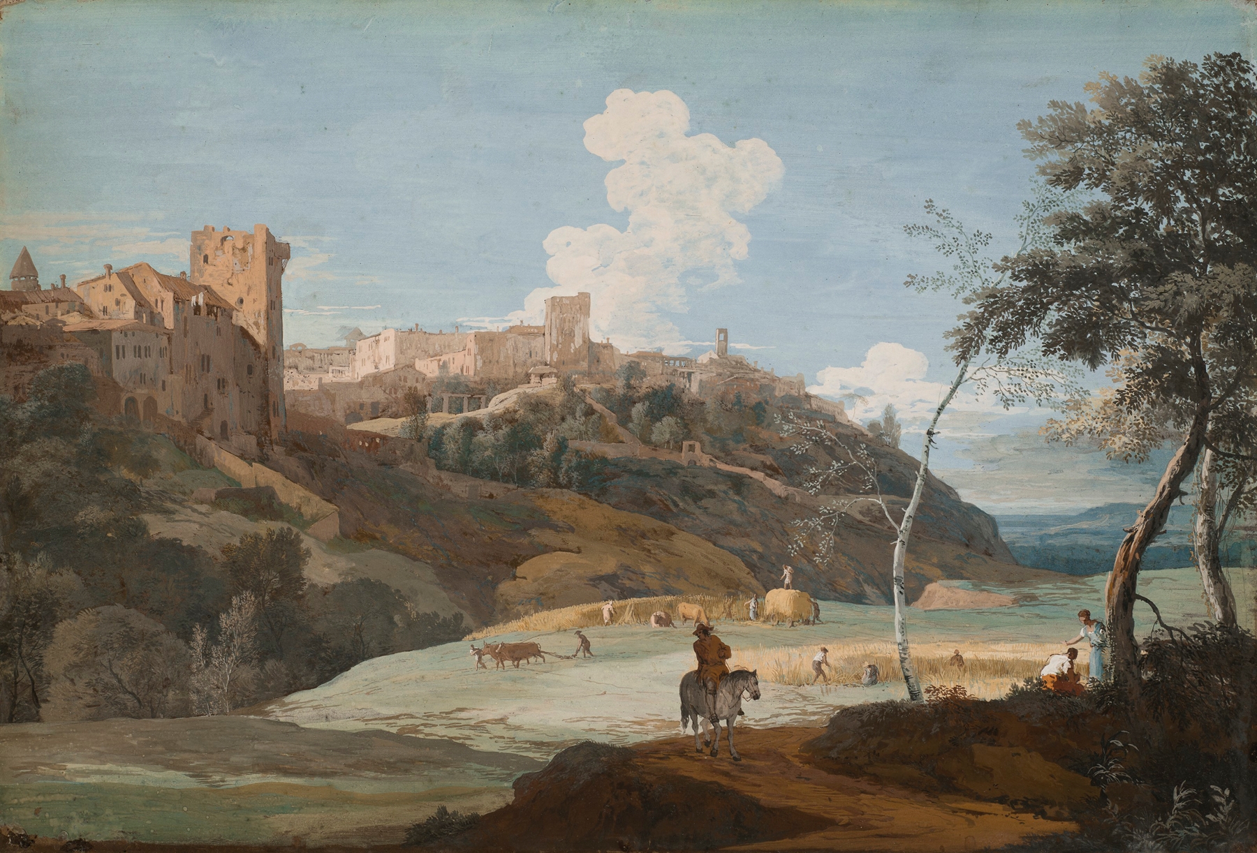 View of an Italian hilltown with a horseman and peasants laboring, by Marco Ricci, public domain