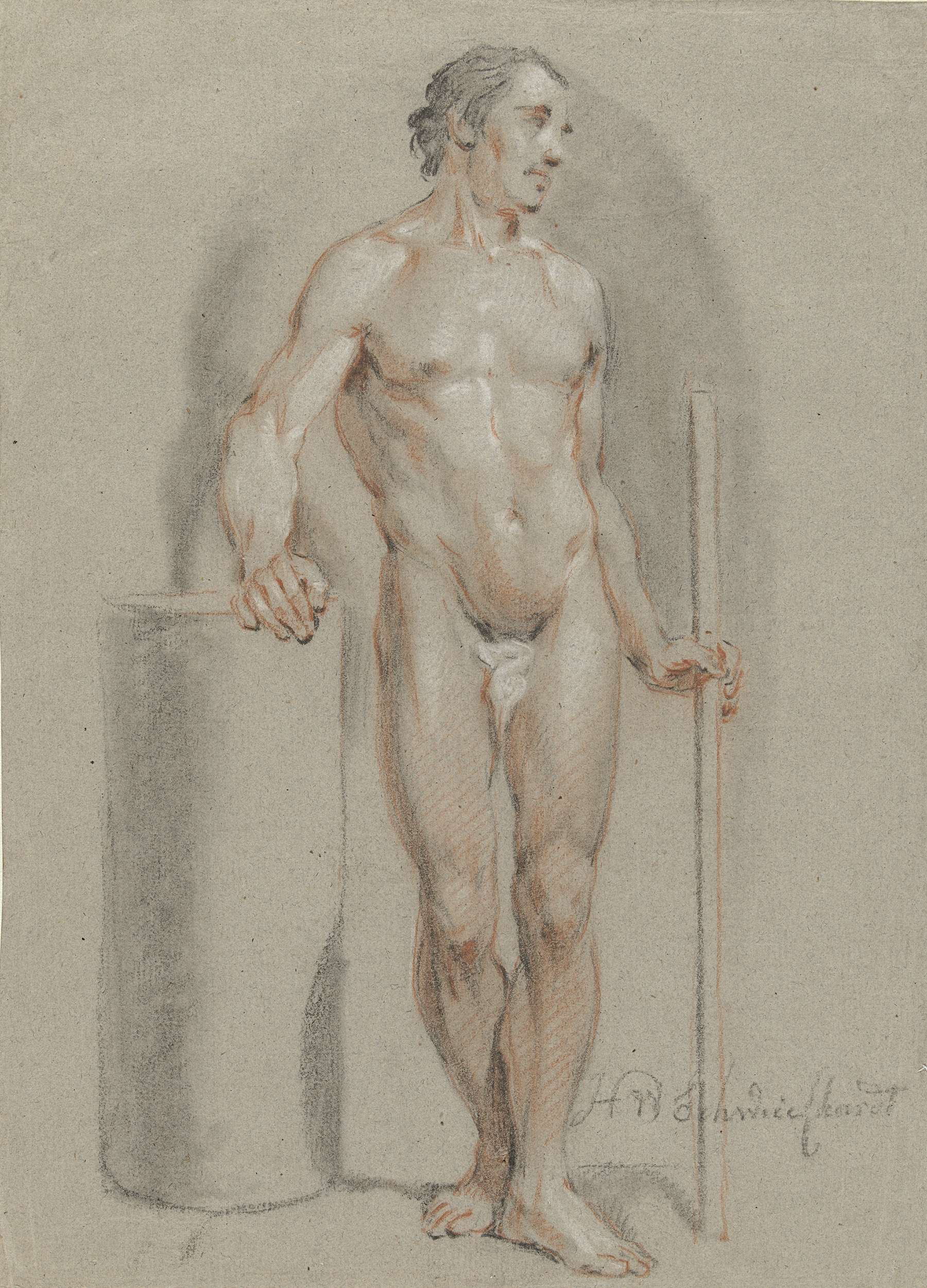 Standing male nude with a staff, paper drawing by Hendrik Willem Schweickhardt