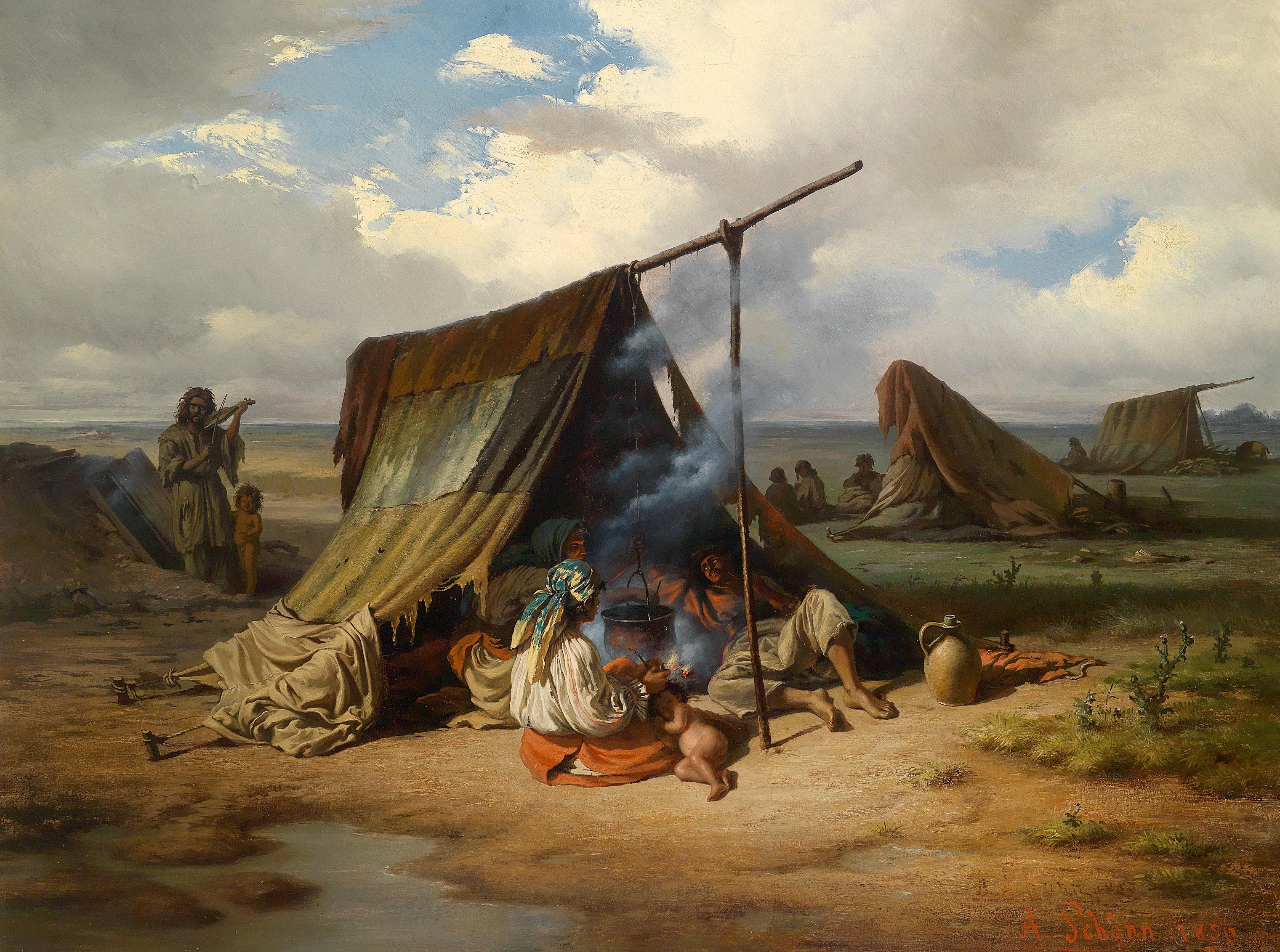 Figurative oil painting by Alois Schönn depicting gypsies in earthy tones.