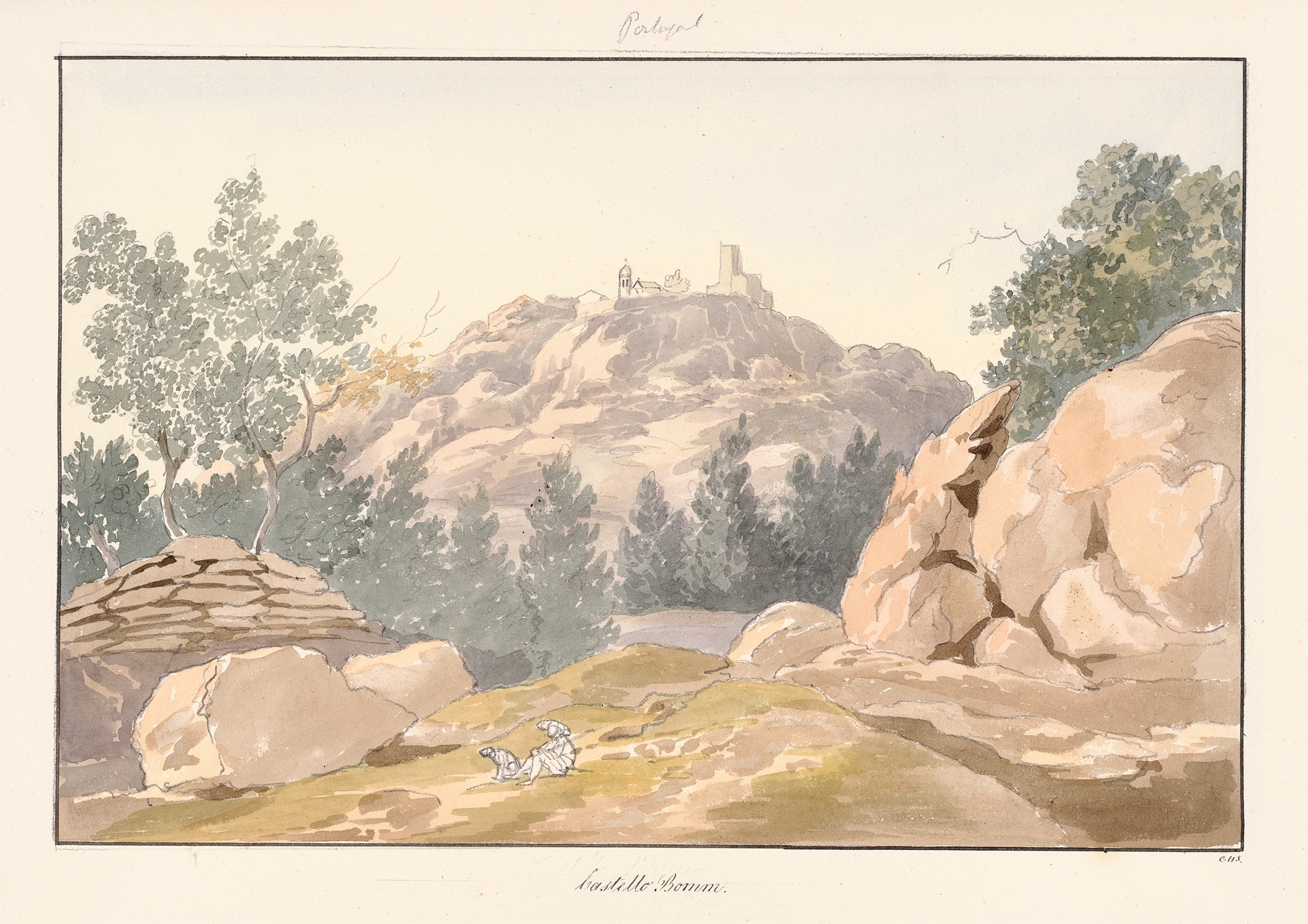 Castelo Bom by Charles Hamilton Smith, watercolor on paper depicting a castle bathed in golden light.