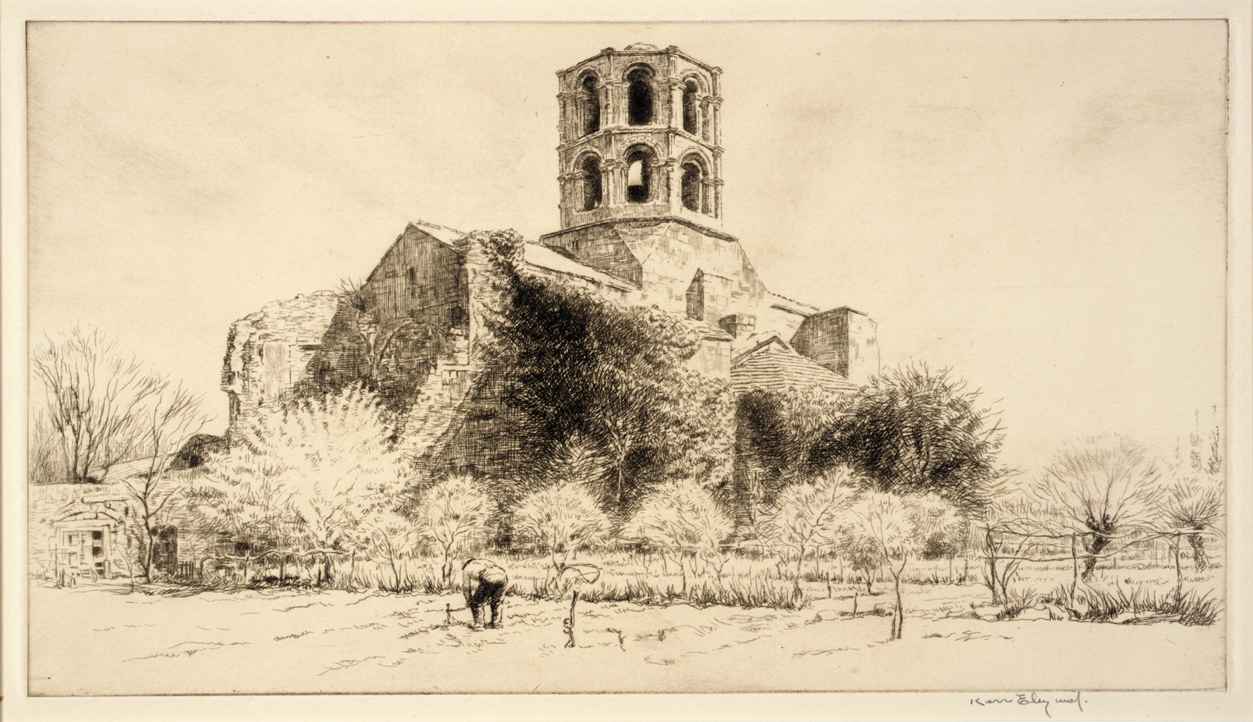 Cure’s Garden, Arles etching by Kerr Eby depicting figures in a lush garden with flowers.