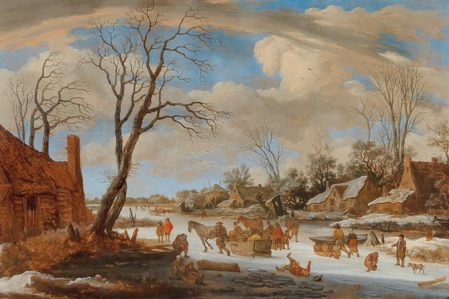 A winter landscape with travellers and other figures on ice, by Pieter de Molijn, public domain
