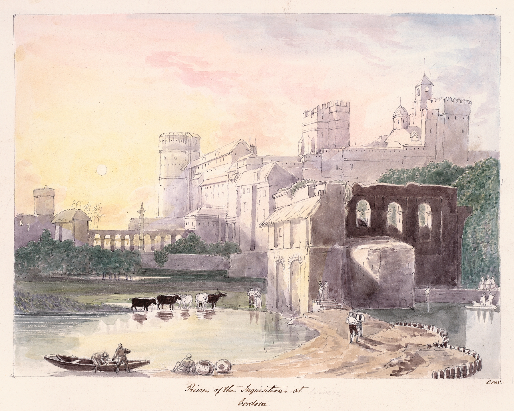 Watercolour by Charles Hamilton Smith depicting an oppressive prison atmosphere.